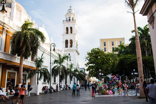 Historic plaza scene in Mexico